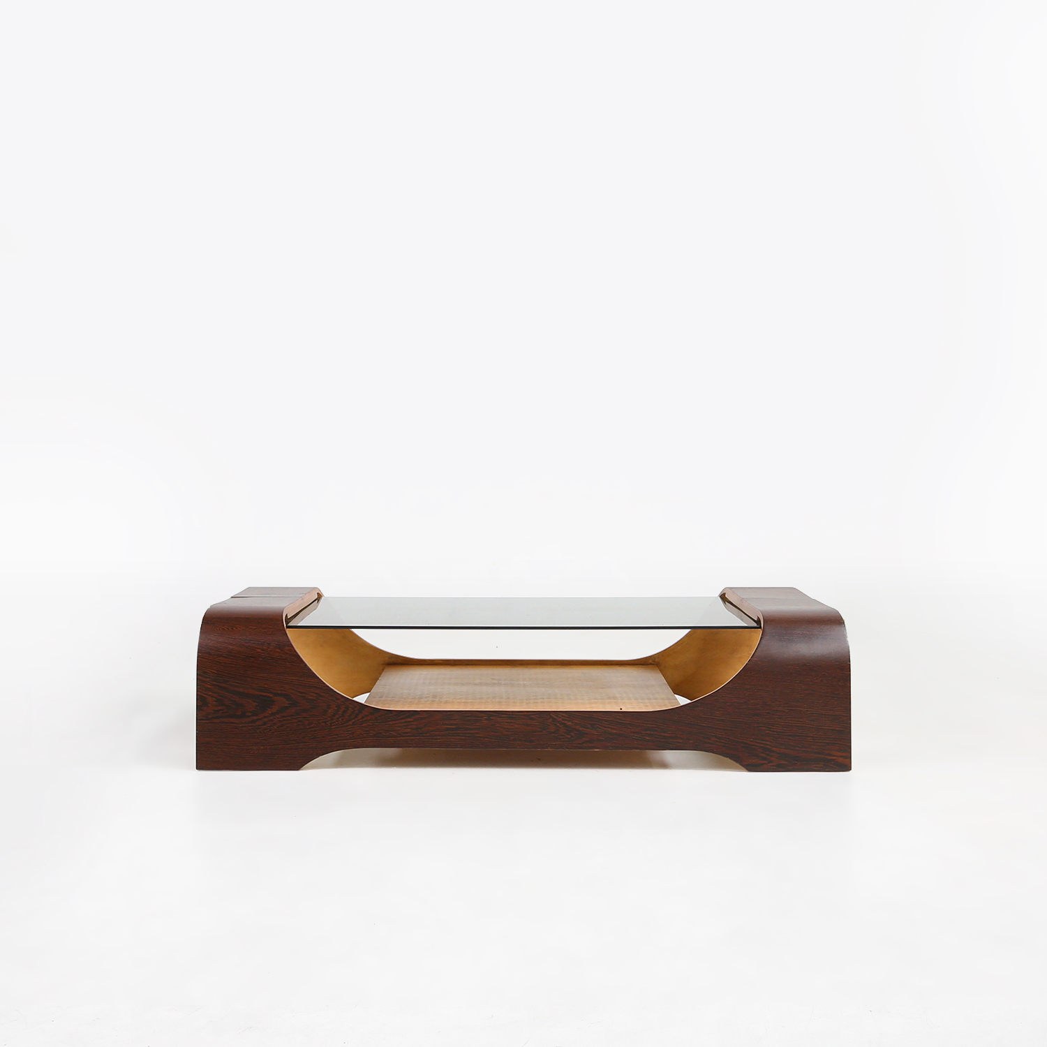 French mid-century coffee table in curved wenge plywood with glass top, 1960sthumbnail